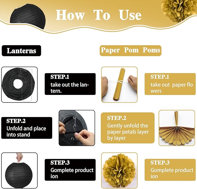 14PCS Black and Gold Party Decorations, Tissue Paper Pom Poms, Paper Lanterns & Polka Dot Paper Garland for 2026 New Year Party Graduation Birthday Wedding Engagement Retirement Party