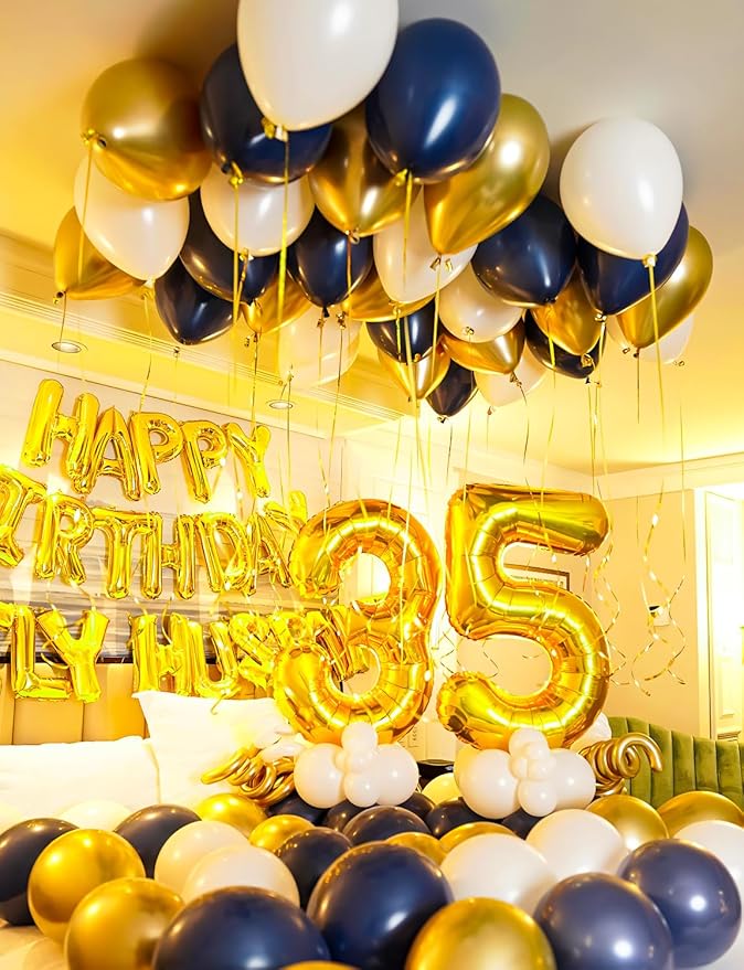 Navy Blue and Gold Confetti Balloons,12 Inch 60pcs Pearl White and Metallic Gold Latex Balloons for New Year Party, Graduation,Birthday,Baby Shower,Anniversary,Wedding,Party Decoration