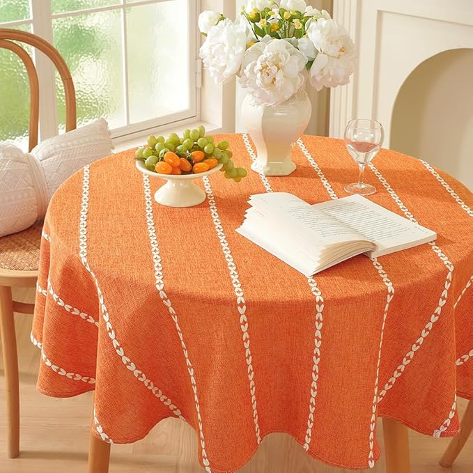 Zobesta Linen Table Cloth Burnt Orange Round Tablecloth 53 inch, Washable Farmhouse Soft Boho Round Table Cloth for Halloween,Thanksgiving, Party, Dining, Outdoor, Fall