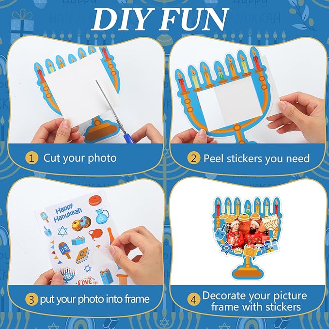 Jetec 48 Sets Hanukkah Picture Frames Craft Kit DIY Photo Frames Sticker Craft Make Your Own Paper Picture Frame for Home Activities Party Favors Decorations(Blue)
