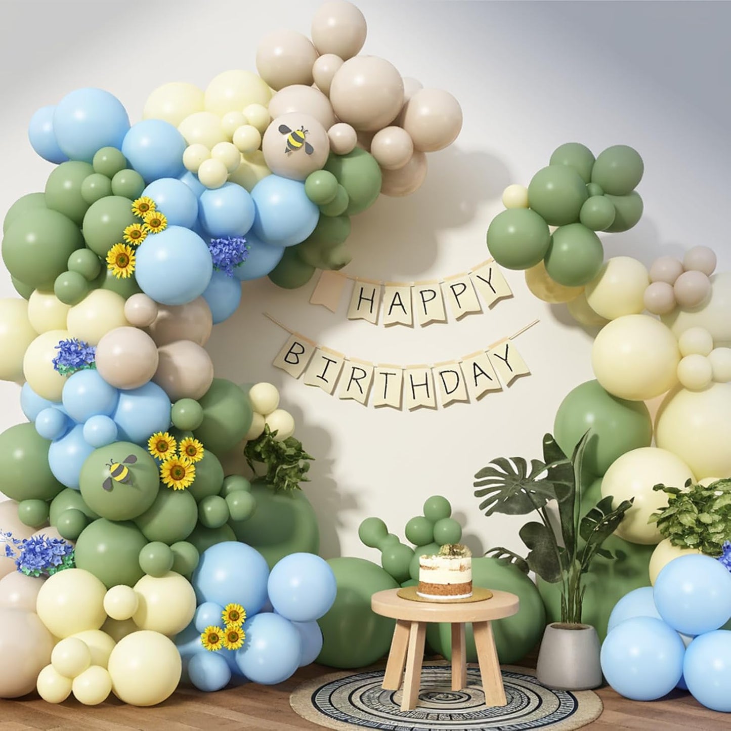 Green Blue Yellow Balloons Arch Dusty Blue Sage Green Beige Balloons Garland Kids Birthday Party Decorations Pastel Blue Yellow Olive White Latex Helium Balloon Bear Baby Shower