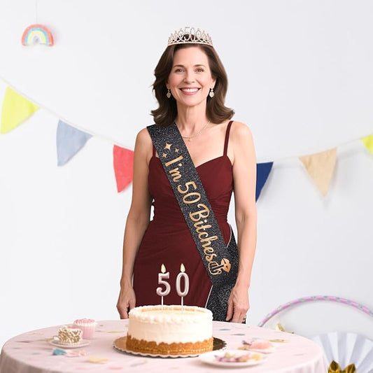 50th Birthday Decoration for Women with I'm 50 Bitches Sash, Rose Gold Tiara, Rose Gold Numbers 50 Candles, Sincere 50th Birthday Gifts for Women