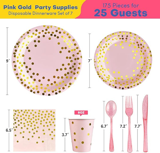 Holiday Paper Plates Disposable w/Napkins Cups & Cutlery, 25 Serves Dinner Plates Sets, Heavy Duty Party Plates Disposable Supplies for Family, Winter Party,Baby Shower, Birthday, Wedding