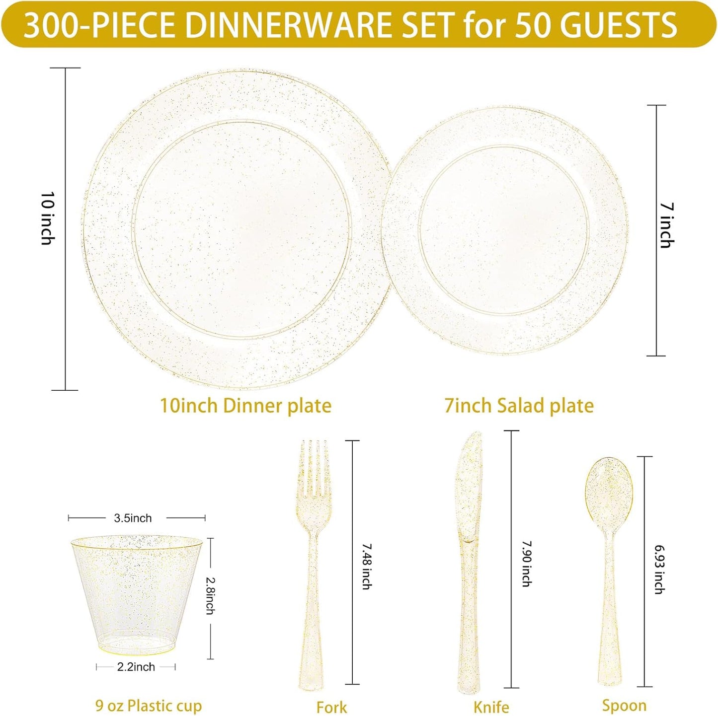 WELLIFE 300 PCS Gold Glitter Dinnerware Set for 50 Guests, Disposable Plastic Plates for Party, 50 Dinner Plates, 50 Salad Plates, 50 Cups Forks Knives Spoons for Wedding and Party Supplies