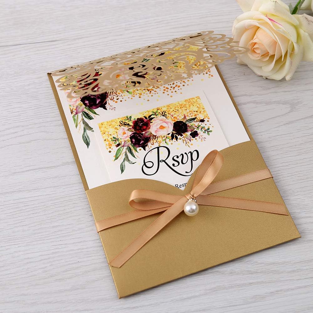 5X7.2 Inch 50PCS Personalized Laser Cut Gold Wedding Invitations With Rsvp Cards And Envelopes And Ribbon Belly Band Pearl Embellishments Wedding Invitation Cards For Wedding Invite