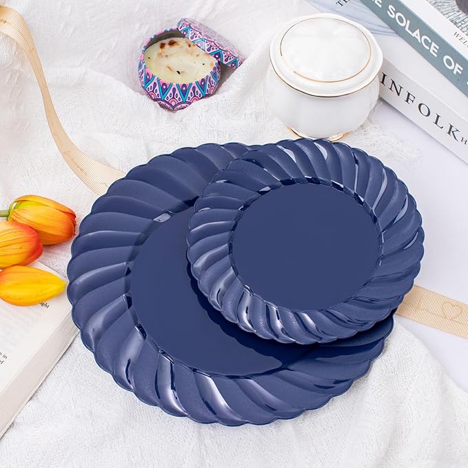 U-QE 100PCS Blue Disposable Plates - Heavy Duty Blue Plastic Hanukkah Plates for Hanukkah/Party/Wedding - Include 50PCS 9inch Dinner Plates and 50PCS 6.5inch Dessert/Salad Plates