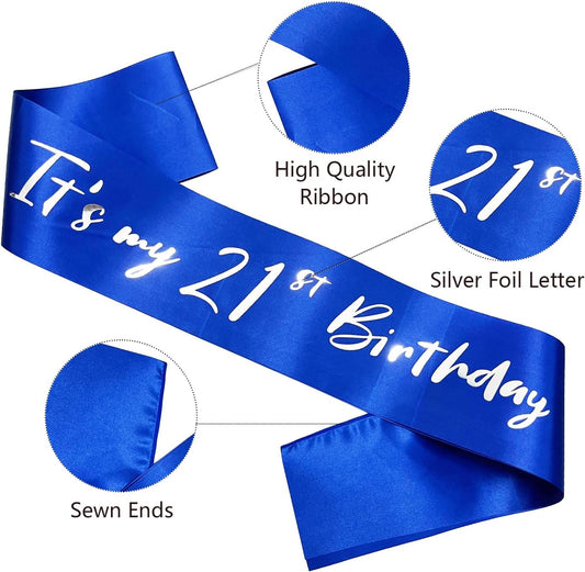 21st Birthday Sash, Blue Satin Soft Sashes with Silver Foil Letter, Birthday Decorations for Girls or Boys, Happy 21st Birthday Party Favor Supplies,Blue Silver