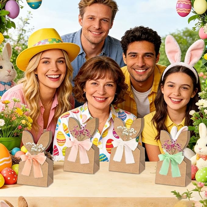 24 Set Boho Bow Easter Bunny Party Favor Bags, DIY Bunny Gift Boxes with Boho Neutral Bow Ribbon and Dried Flowers,Rustic Kraft Paper Rabbit Ears Treat Boxes Goodie Bags for Spring Holiday Decor(C)