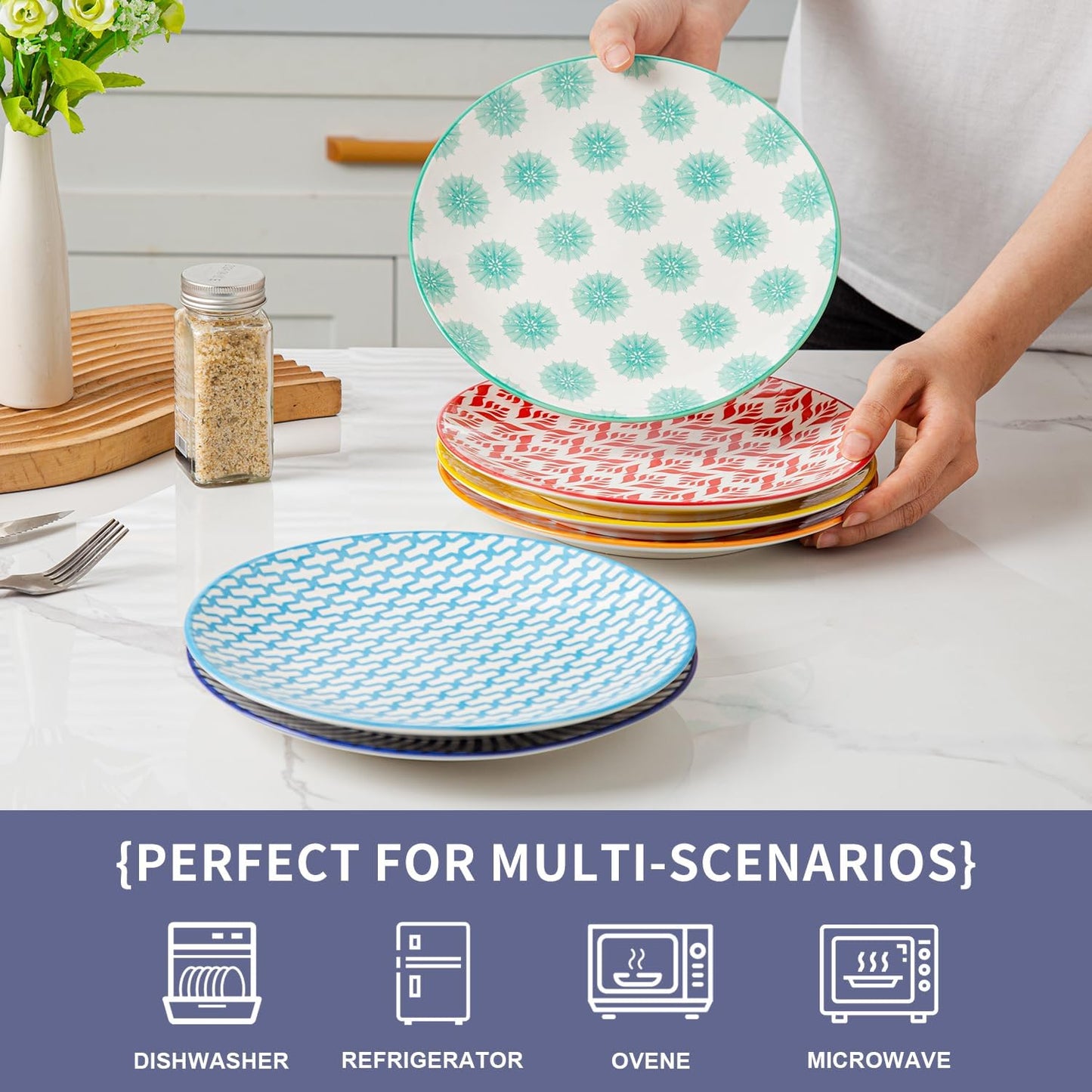 Ceramic Salad Plates Set - 8.5 Inch Small Round Kitchen Dinner Dishes Scratch Resistant Porcelain Microwave Dishwasher Safe - for Sandwich Dessert Pasta Appetizer - Set of 6 - Assorted Colors