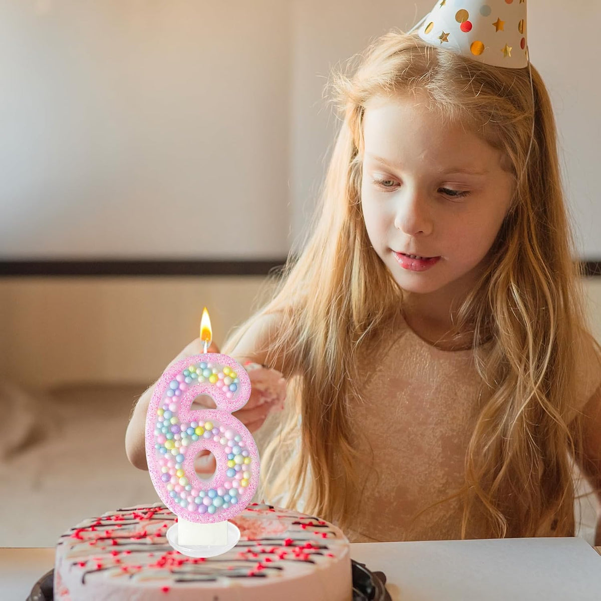 Zlongron Birthday Number Candles, Handmade Macaron 3D Flash Number 6 Candle, Suitable for Girls and Boys' Birthdays, Weddings, Anniversaries, Theme Party Cake Decorations