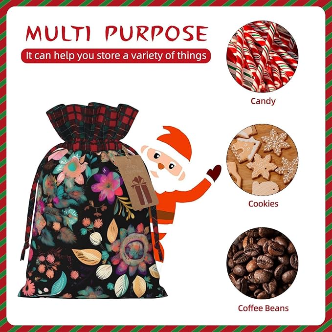 PULaif Colorful Boho Florals Christmas Drawstring Gift Bags, Large Size Christmas Bags For Gifts Party Favors, Xmas Gift Bags