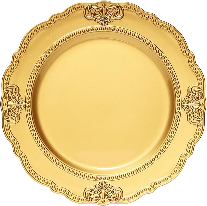 Spsyrine Gold Charger Plates, Set of 6 Scalloped Chargers for Dinner Plates, 13" Embossed Plastic Chargers for Wedding, Banquets, Party