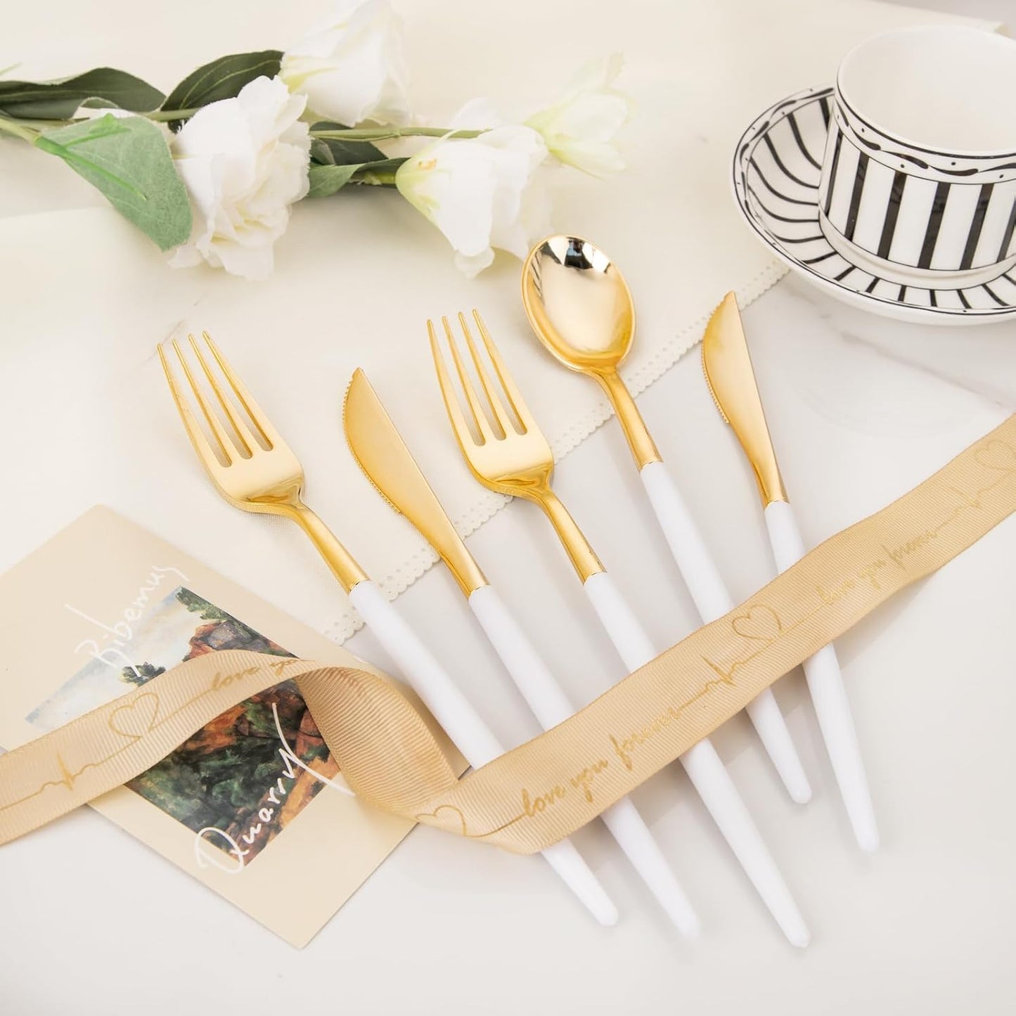 I00000 60 Pcs Gold Plastic Silverware - Heavy Duty Plastic Cutlery -Party Disposable Silverware Set,Disposable Cutlery Set Includes 20 Forks, 20 Knives, 20 Spoons Perfect for Wedding
