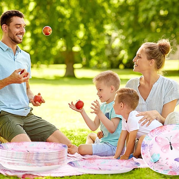 50Pcs Butterfly Oval Paper Plates 10" x 12" Large Disposable Heavy Duty Watercolor Butterfly Floral Party Plates Pink Spring Dessert Platters for Girls Baby Shower Butterfly Birthday Party Supplies