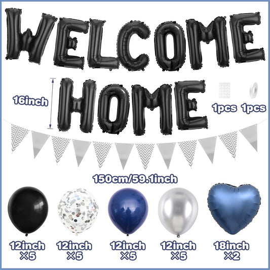 Welcome Home Decorations Black Blue Silver,Black Welcome Home Foil Balloon Banner with Navy Blue Heart Balloons Pennant Flag Bunting for Housewarming Baby Shower Family Party Supplies