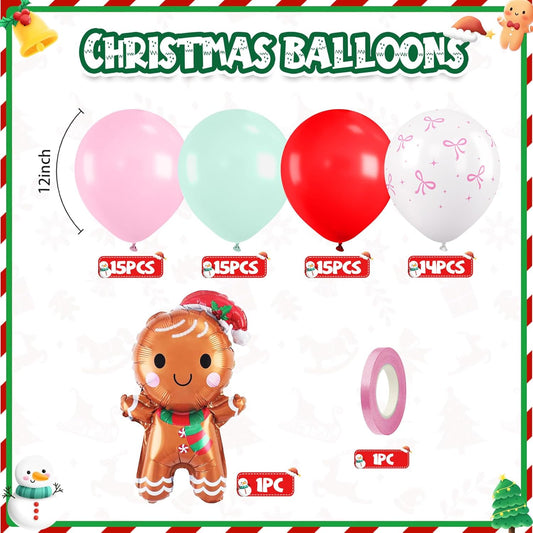 Christmas Balloons, 60pcs Pink and Red Green Balloons with Gingerbread Man Foil Xmas Balloon, Pastel Green Red and Pink Bow White Balloon for Christmas Party Decorations Birthday New Year Supplies