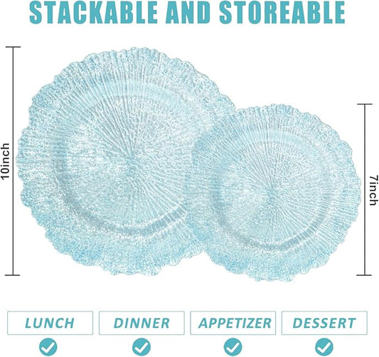 U-QE 60PCS Clear Blue Plates - Glitter Blue Plastic Hanukkah Plates Disposable&Reusable - Heavy Duty Plastic Plate for Hanukkah, Party&Wedding Including 30 Dinner Plate 10" & 30 Appetizer 7"