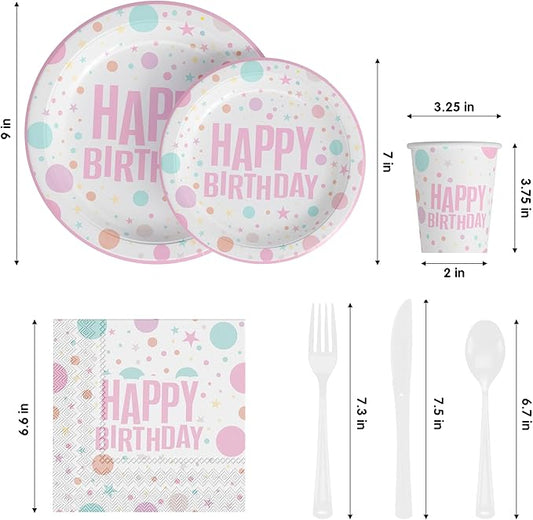 Exquisite 350 Pcs birthday Plastic Plates For Party, birthday Disposable Plates Set, 50 Of Each 9" Dinner Plate Set, 7" Dessert Plate, Cups, Napkins & Cutlery Plastic Dinnerware