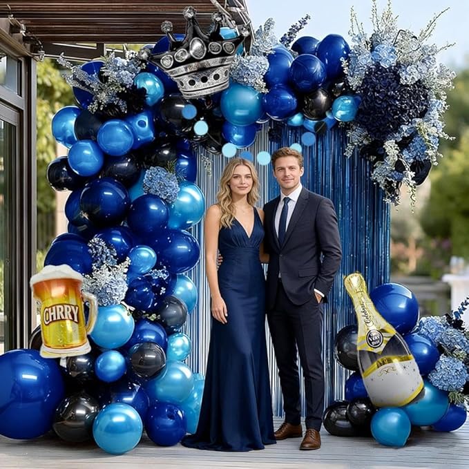 Blue Black Balloon Garland, Double Stuffed Dark Royal Navy Blue Balloons Fringe Curtains, Foil Balloons, Birthday Banner Decorations for Men Birthday Baby Shower Father's Day Graduation Party Supplies
