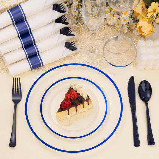 350PCS Clear and Blue Disposable Plates Set for 50 Guests, 100 Plastic Plates, 50 Cups, 50 Pre-Rolled Napkins with Plastic Cutlery for Party, Birthday, Thanksgiving, Christmas, Halloween