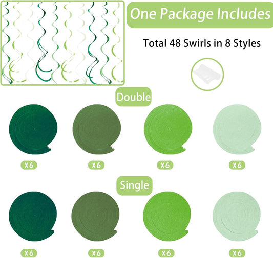 48 Pcs Green Hanging Swirl Party Decorations Olive Green Felt Ceiling Spiral Streamers with Hooks for Birthday Wedding Baby Shower Graduation Christmas St Patrick's Day Holiday Party Supplies