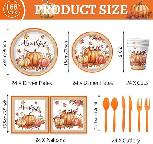 Autumn Harvest Thanksgiving Party Supplies Set - Complete Disposable Dinnerware Set for Thanksgiving Fall Party, Serves 24 Guests - Includes Plates, Cups, Napkins, and Cutlery