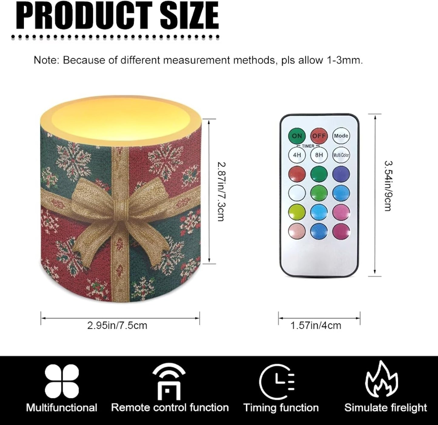 Poceacles 4 PCS Christmas Decor LED Candles with Remote Control Flameless 4/8 Hours Timer Multi-Color Night Lights for Weddings Parties Indoor Outdoor Decor, Bow Snowflake Pattern Green Red