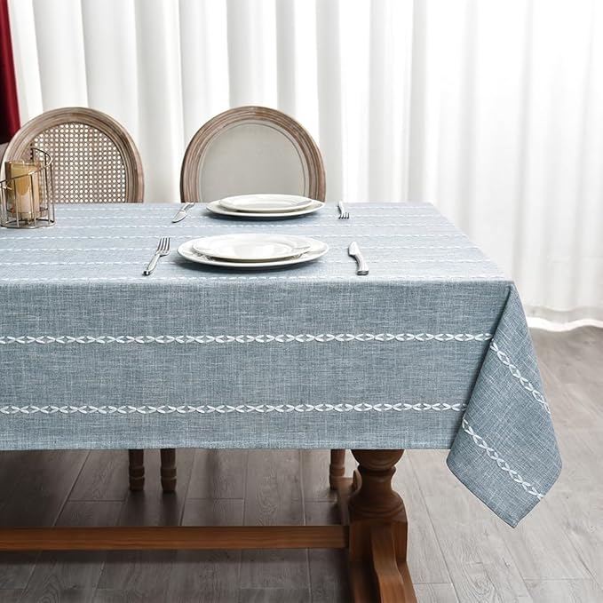 Zobesta Linen Table Cloth Blue Tablecloth Rectangle 98 x 53 Inch, Washable Farmhouse Soft Boho Blue Stripe Tablecloth for Party, Holiday, Picnic, Dining, Outdoor