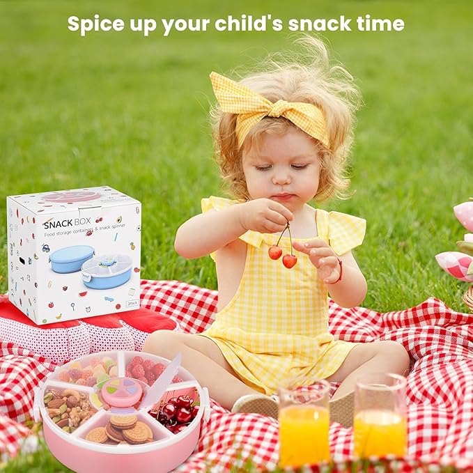 Snack Rotator Container Reusable Snack Box with 5 Compartment Dispenser and Lid, Color Matching Opening Lid, BPA and PVC Free, for Home, School, Travel (1 Pack- Pink)