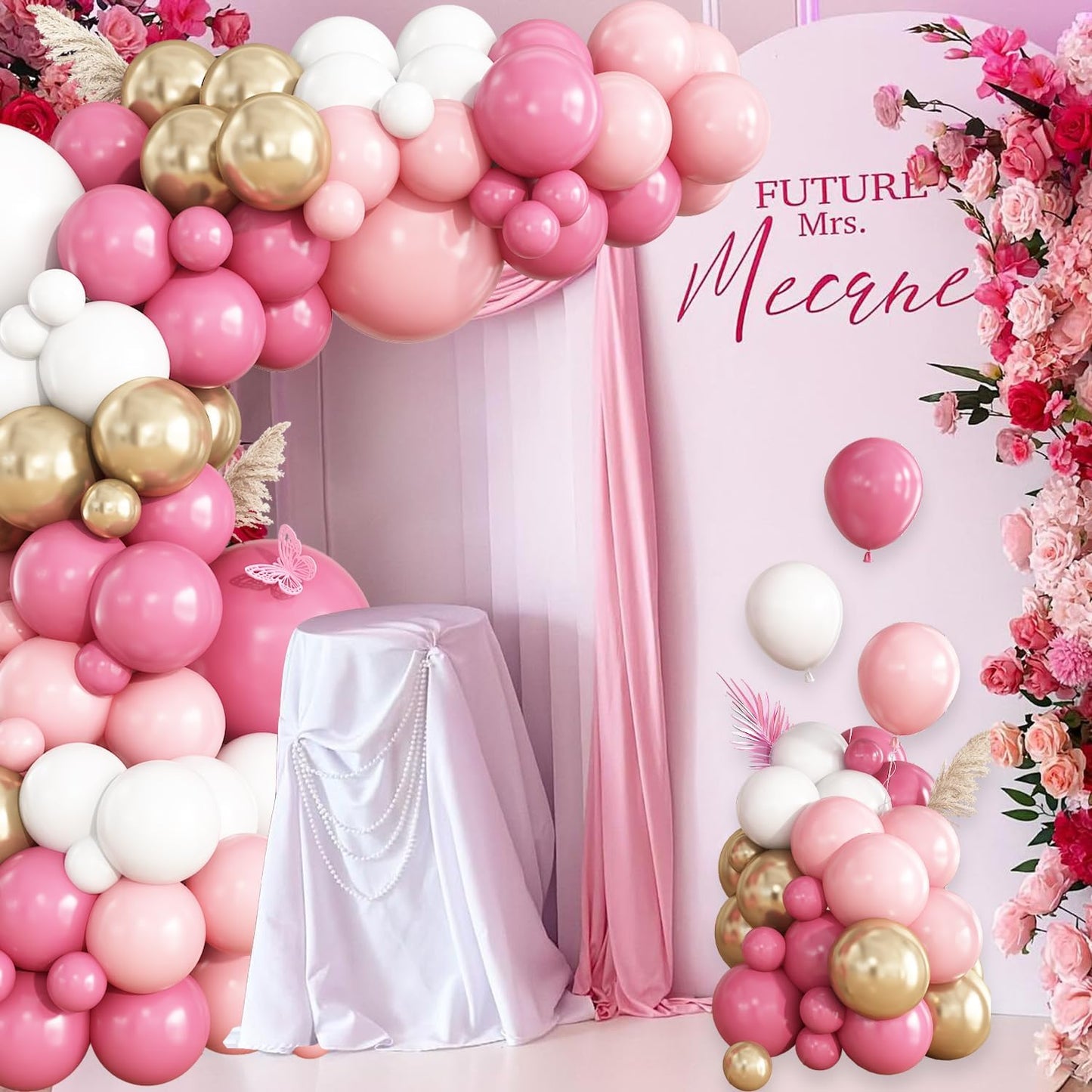 Hot Pink White Gold Balloon Garland Arch Kit, 148Pcs Hot Dusty Pink White Gold Balloons for Baby Shower Wedding Bridal Shower Gender Reveal Birthday Party Decorations