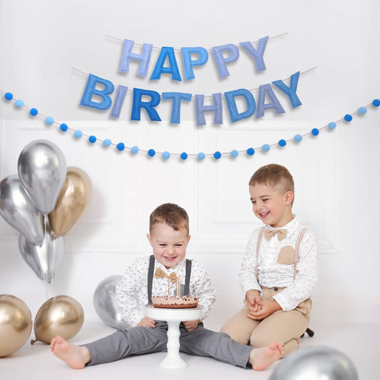 Blue Happy Birthday Banner Felt Ball Garland Pre-Strung Happy Birthday Sign for Party Backdrop Decorations Photo Prop