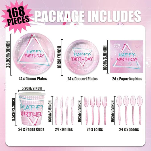 168Pcs Singer Party Supplies Tableware Set Party Plates Napkins Cups Knives Forks Spoons for Kids Boys Girls Birthday Party Decorations Serve 24