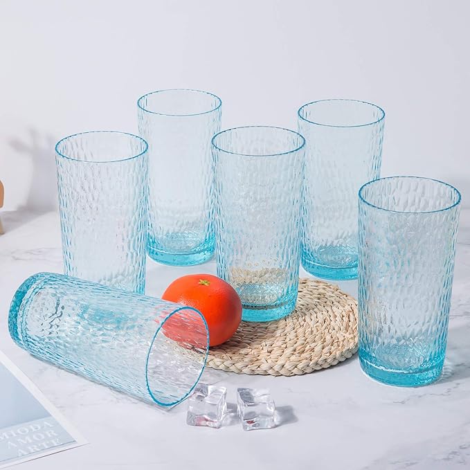 KX-WARE 22-ounce Honeycomb Highball Glasses Plastic Tumbler Acrylic Glasses, set of 6 Blue