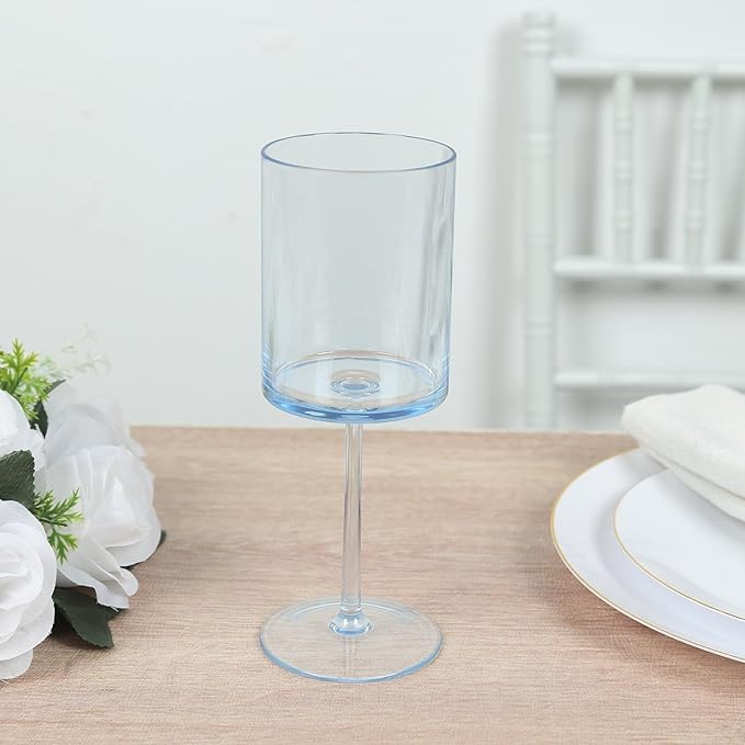Efavormart 6-Pack Transparent Dusty Blue Plastic Cylindrical Wine Glasses 10oz, Long Stem - Shatterproof Reusable Cocktail Glasses