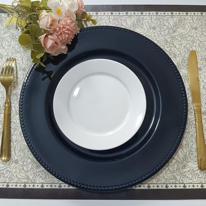 6/50/100 Pcs Elegant Plastic Beaded Charger Plates - Round Gold Silver Black Wedding Party Dinner Decorative Plate Set, Durable for Halloween Christmas Birthday Decor