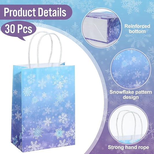 ReliThick 30 Pcs Snowflake Paper Bags Iced Candy Treat Goodie Gift Bags with Handle Blue and Purple Party Favors for Princess Holiday Birthday Wonderland Party Supplies (5.91 x 8.27 x 3.15 inches)