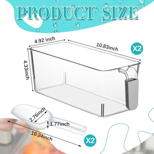 Havawish 2 Set Ice Bin and Flexible Scoop Set Plastic Freezer Ice Bin with Pull Out Handle Clear Storage Bucket for Container with Bucket Scoop(Grey,10.83 x 4.92 x 4.33 in)