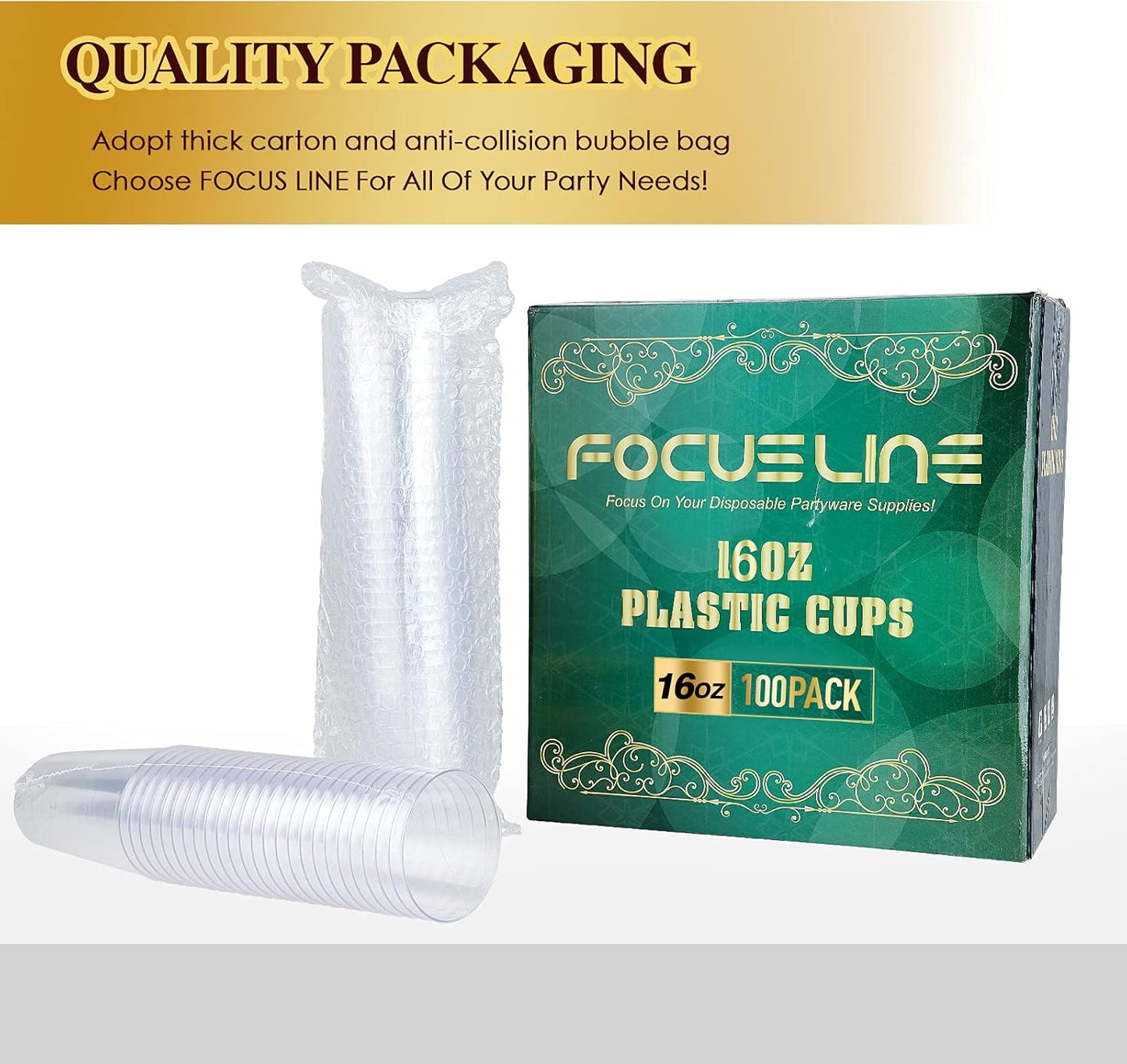 FOCUSLINE 100 Pack 16 oz Clear Plastic Cups, Disposable Cups Large Reusable Plastic Tumblers, Heavy-duty Clear Hard Cups 16 Ounce for Wedding Party, Thanksgiving, Halloween, Christmas
