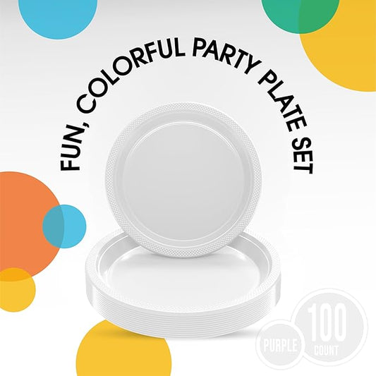 Party Solids White Plastic Plates For Party Supplies, White Disposable Plates 100 Pieces - 50-7" & 50-9" Heavy Duty 350 GSM Disposable Dinnerware Sets, Plastic Dinnerware Sets