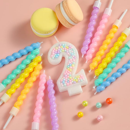 PHD CAKE Number 2 Birthday Candle Macaron Glitter Number Candle with Rainbow Spiral Candles in Holders for Cake Topper, Pastel Sweet Theme Party Decoration