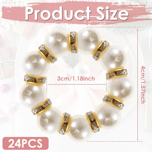 24 Pcs Gold Napkin Rings Set, Imitation Pearl Napkin Ring Holders, Disposable White & Gold Beaded Napkins Rings for Wedding Party Home Reunion Decorations
