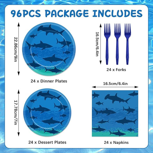 96PCS Shark Birthday Paper Plates Napkins Forks Set for Ocean Shark Themed Party Disposable Decor Under the Sea Party Tableware Sets for Baby Shower Ocean Animal Theme Party Decorations
