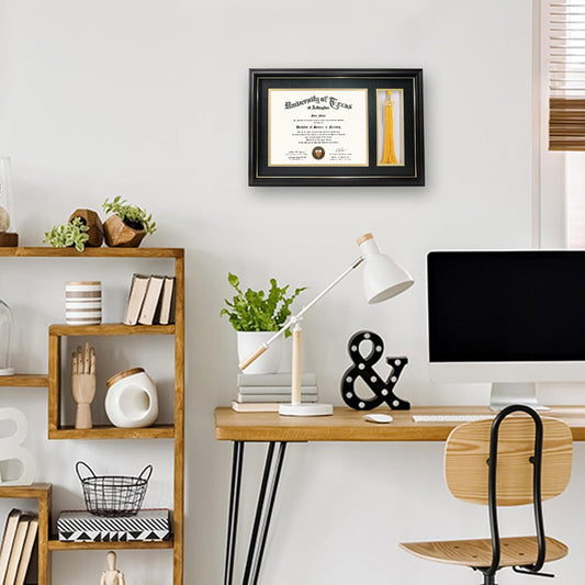 GraduationMall 11x17 Black Wood Diploma Frame with Tassel Holder for 8.5x11 Certificate Document,Real Glass,Black over Gold Mat