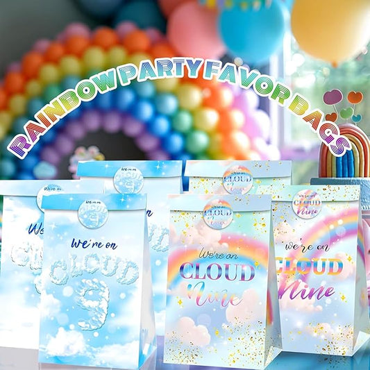 Inshinern Rainbow Clouds 9th Birthday Party Favors We're on Cloud Nine Birthday Goodie Bag Candy Treat Bags for Women Rainbow Themed Party Decor Engagement Party Supplies(12 Pcs)