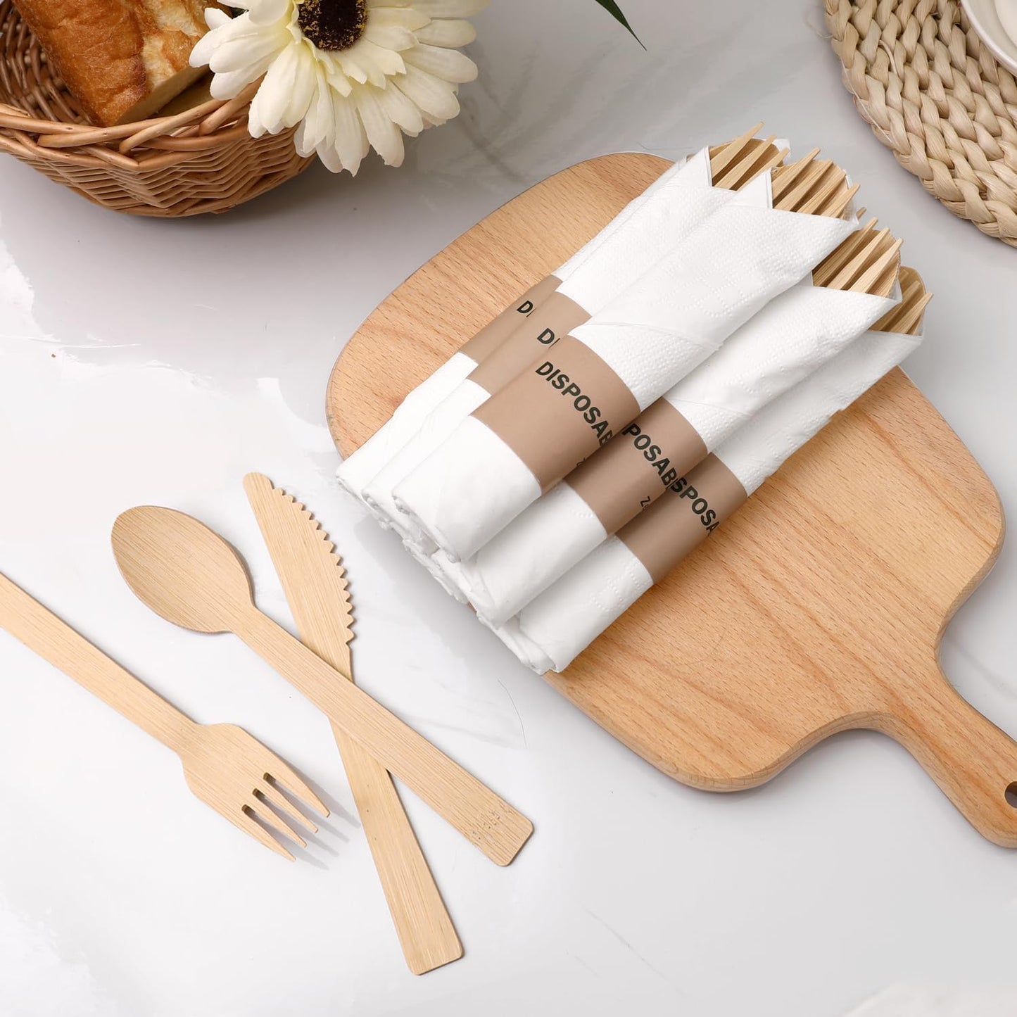 Bamboo Cultery Set with Pre Rolled Napkins- 50 Pack (6.7" 50 Forks 50 Spoons 50 Knives 50 Napkins) Compostable Fork Spoon Knife Set Individually Wrapped Disposable Flatware for Camping/Travel/Wedding