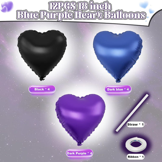 Blue Purple Heart Balloons, 12Pcs 18 Inch Metallic Blue Purple Black Heart Shape Foil Helium Large Balloons for Cartoon Kid Birthday Outer Space Astronaut Theme Baby Shower Video Game Party Decoration
