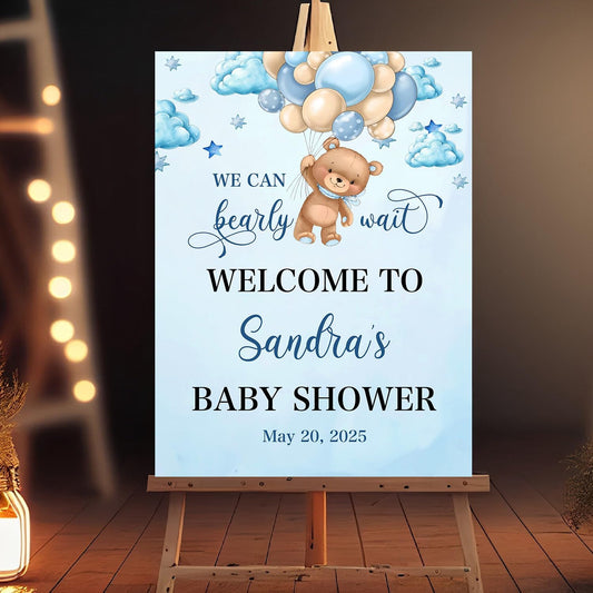 Custom Baby Shower Welcome Sign, Brown Bear Balloon Baby Shower Welcome Sign, We Can Bearly Wait Baby Shower, Blue Bear Baby Shower Decor, Blue Hot Air Balloon Baby Shower Sign