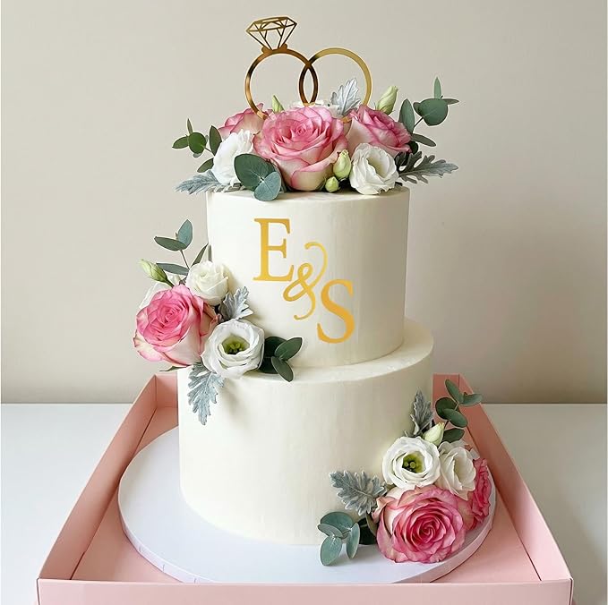 Wedding Cake Toppers Diamond Ring Personalized Cake Topper with 26 Letter Bride and Groom Initial Sign Custom Cakes Topper Wedding Toppers for Cakes - Gold Acrylic