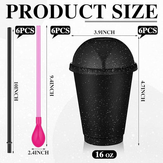 6 Set Slushie Cups with Dome Lids and Straws Detachable Spoon Straws Reusable Plastic Iced Coffee Cups Smoothie Tumbler for Birthdays Summer Party Supplies(Black,16 oz)