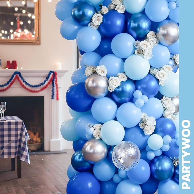 PartyWoo Blue and Silver Balloons 65pcs 12 Inch Light Pastel Baby Metallic Pearl Blue Metallic Chrome Silver Confetti Balloons for Gender Reveal Wedding Baby Shower Birthday Party Decorations